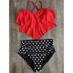 Holipick Bikini Retro High Waisted Bottom Red Top Black / White Bottom Size XL